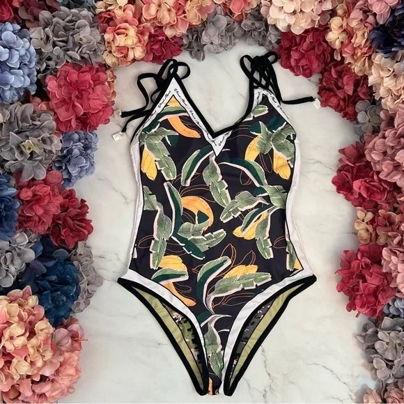 Boho Green & Black Floral Reversible Swimsuit with Shoulder Ties - Picture 12 of 16